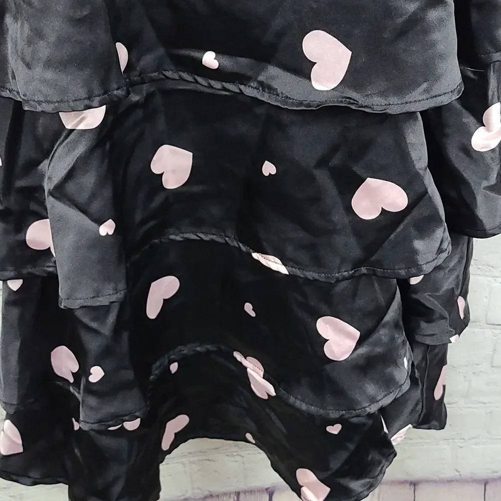 Justice Girls Heart Print Tiered Party Dress Black Pink Fit & Flare 14 Occasion